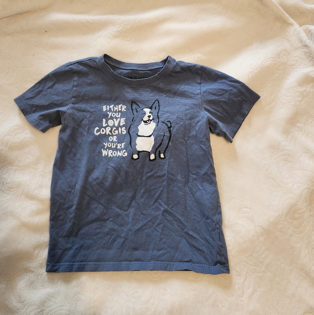 Life Is Good "Either You Love Corgis Or You're Wrong" Youth XL Blue T-Shirt